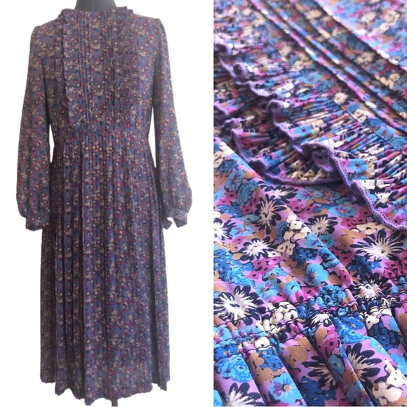 Vintage Dresses & Skirts - Vintage Ruffles Pleats Floral Dress Long Sleeve Colorful Fuchsia Lavender Silky